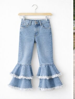 Girls Ruffle Flare Jeans 4T | Double Tier Bell Bottom Denim | Trendy Boutique St